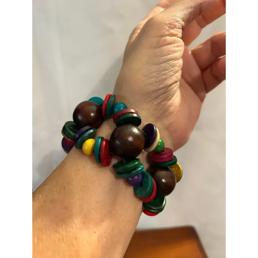 Multicolor Wooden Bead Stretch Bracelet Geometric